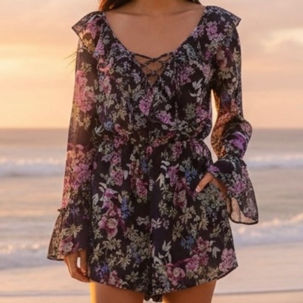 Floral Long Bell Sleeve Romper Navy‎ Purple Boho Ruffle Lace Up Sz S Boho Fairy